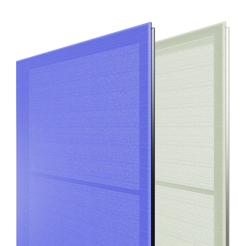 Pannelli decorativi traslucidi in colori blu e verde per schermatura solare.