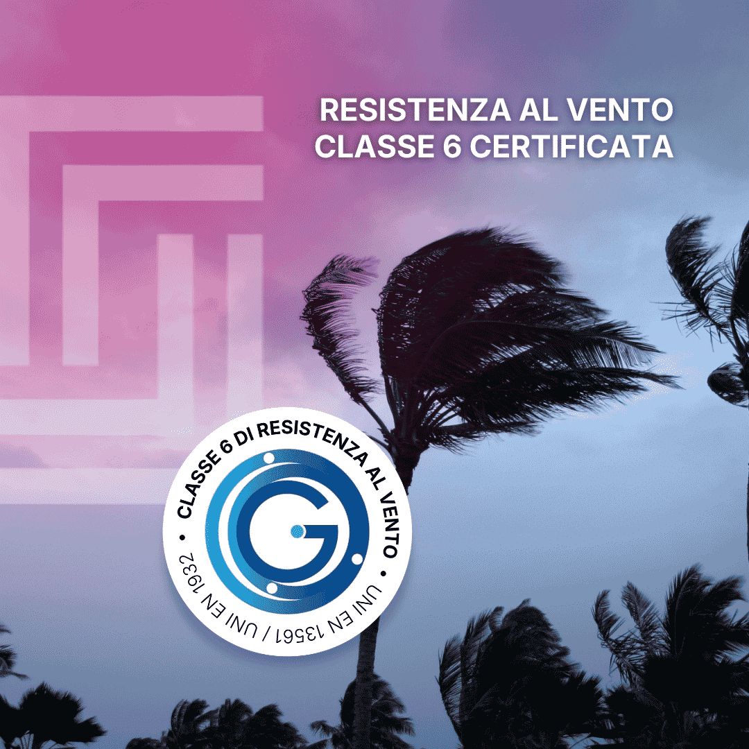 Blader, Txtum e Steelium di Sun Shading sono certificati classe 6 di resistenza al vento secondo la norma UNI EN 1932:2013.