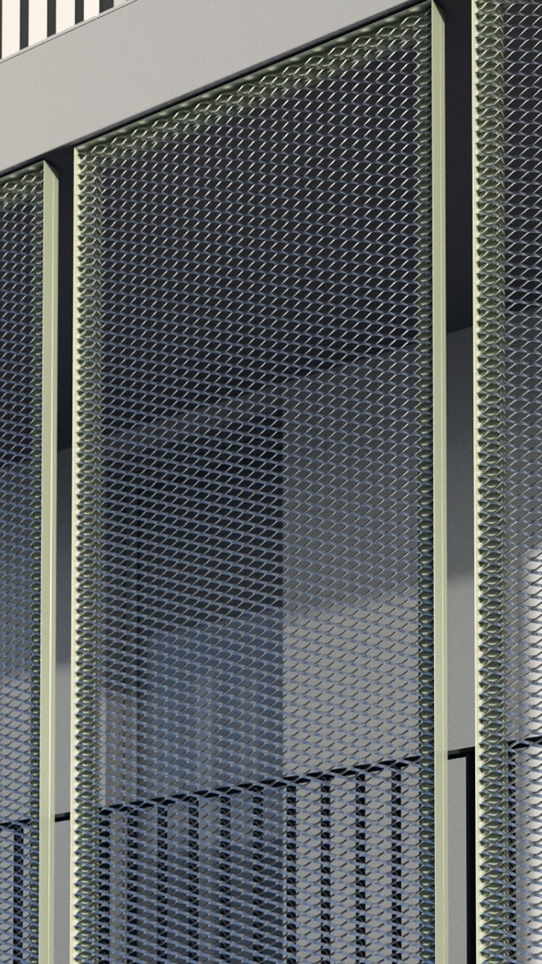 Dettaglio dei pannelli "Dynamic" di Sun Shading® in lamiera stirata installati su una facciata residenziale.