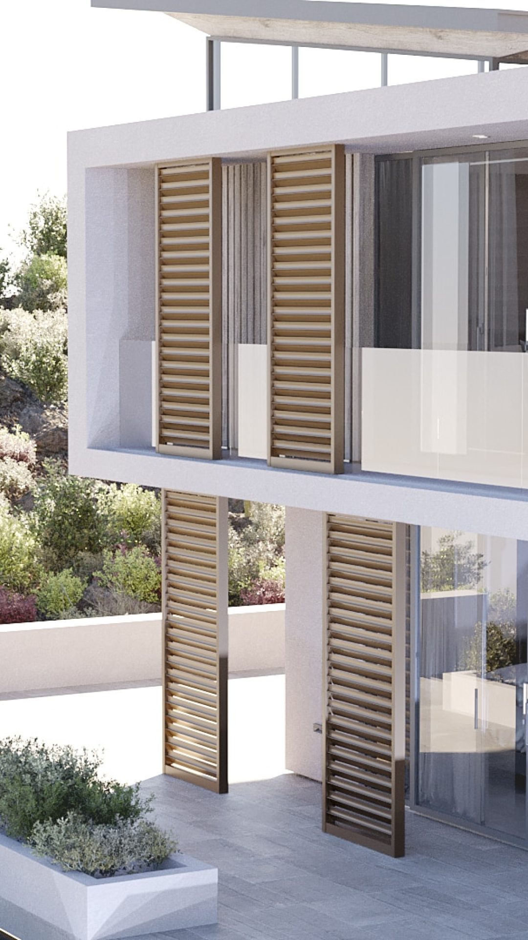 Particolare delle schermature solari "Blader" con vegetazione circostante, integrate in un contesto architettonico raffinato con finiture in alluminio.